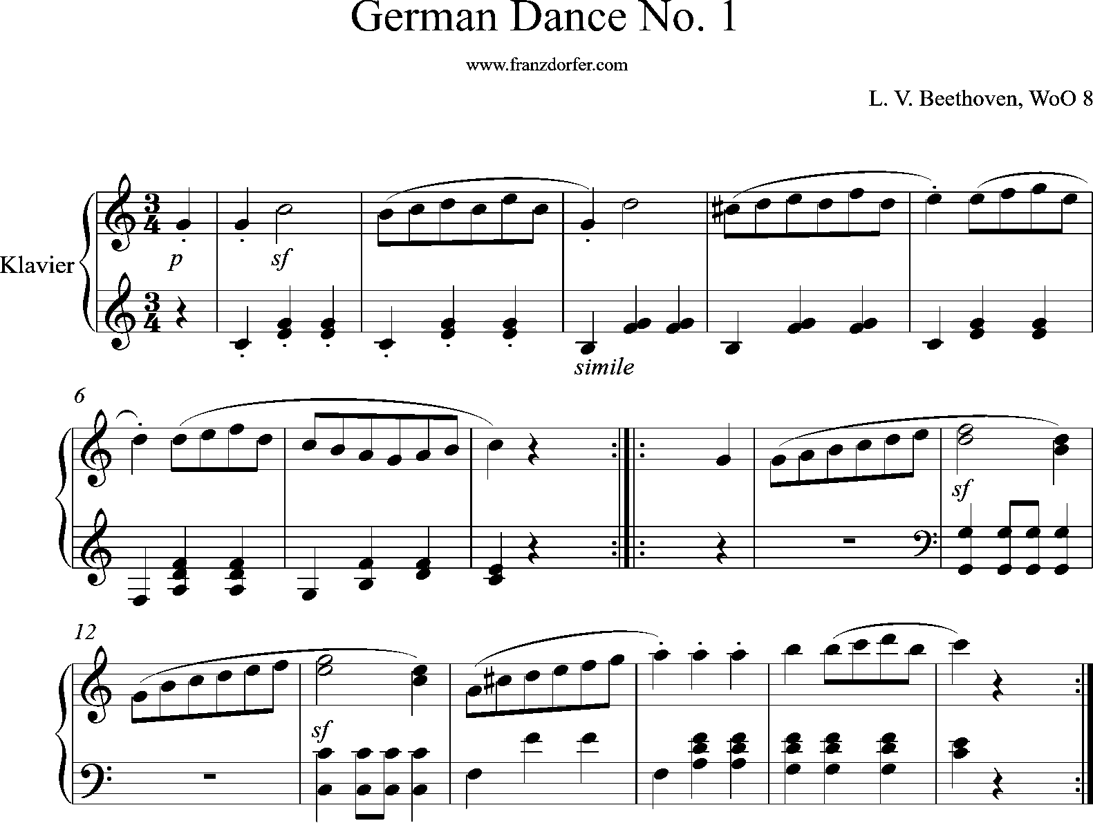 klaviernoten, German Dance, WoO 8, Beethoven
